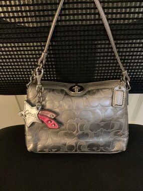 Coach Legacy Metallic Pewter Signature Embossed Leather Lrg Wristlet / Mini Bag